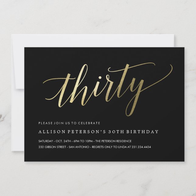 30th Birthday Invitations -  Formal Faux Gold (Front)