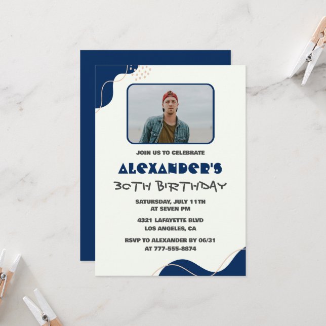 30th birthday invitations Men Blue Simple Photo (Front/Back In Situ)