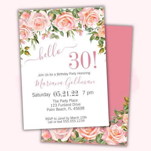30th Birthday Invitations Pink Floral Modern Party