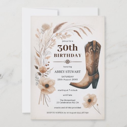 30th Birthday Invitations Rustic Cowgirl Floral