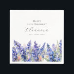 30th Birthday July Birth Flower Larkspur Custom Napkins<br><div class="desc">Perfect table decor for a July birthday party. Blue larkspur (delphinium) is the birth flower for that month. It forms a pretty watercolor bottom border on this floral personalized napkin. The birthday celebrant's name,  age and birthdate are placed above it using elegant calligraphy and typography. All text is editable.</div>