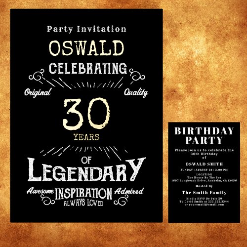 30th Birthday Legendary Black Gold Retro Foil Invitation