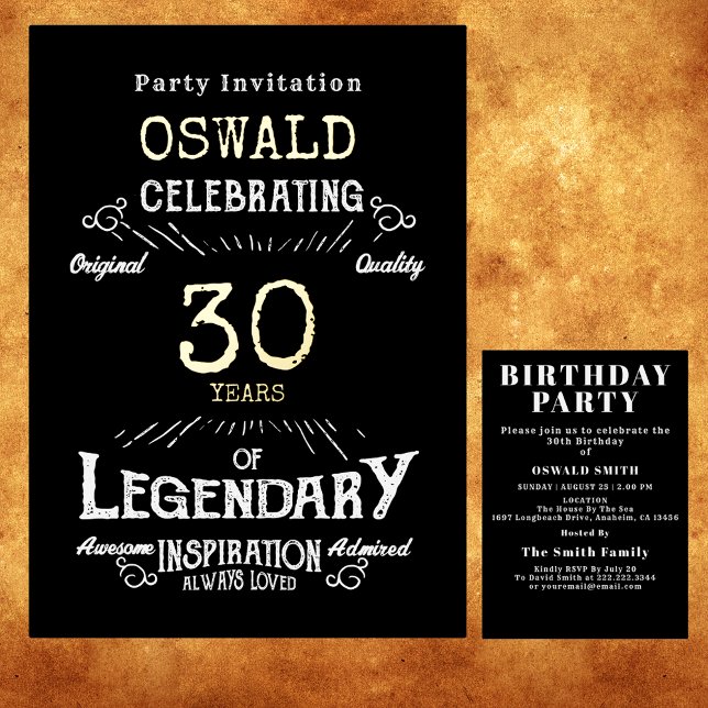 30th Birthday Legendary Black Gold Retro Foil Invitation (For those celebrating their 30th birthday we have the ideal birthday party invitation)