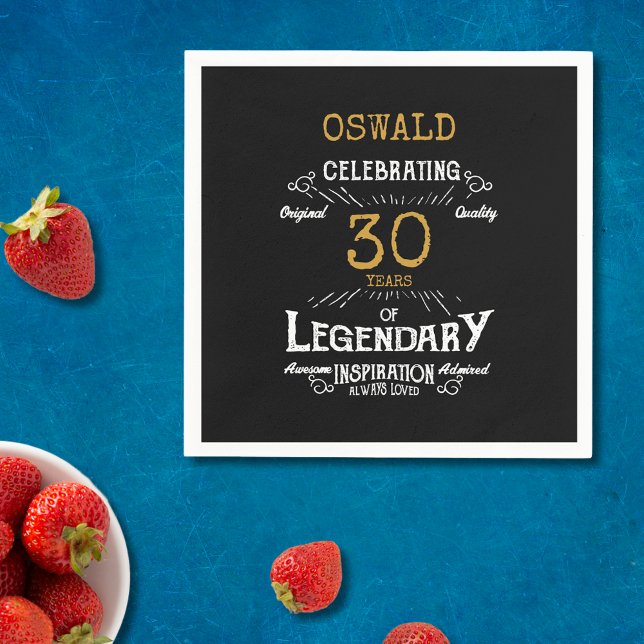 30th Birthday Legendary Black Gold Retro Napkins (For those celebrating their 30th birthday we have the ideal birthday party napkins)