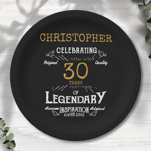 30th Birthday Legendary Black Gold Retro Paper Plates