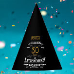 30th Birthday Legendary Black Gold Retro Party Hat<br><div class="desc">For those celebrating their 30th birthday we have the ideal birthday party hats with a vintage feel. The black background with a white and gold vintage typography design design is simple and yet elegant with a retro feel. Easily customize the text of this birthday gift using the template provided. Part...</div>