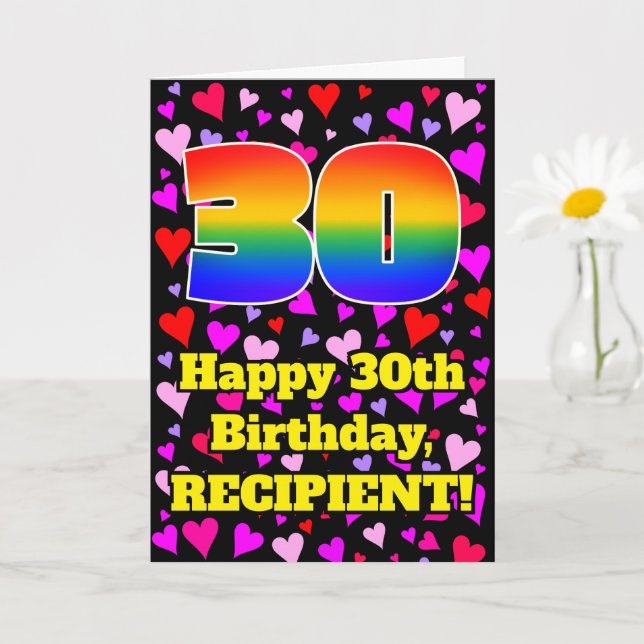 30th Birthday: Loving Hearts Pattern, Rainbow # 30 Card (Small Plant)