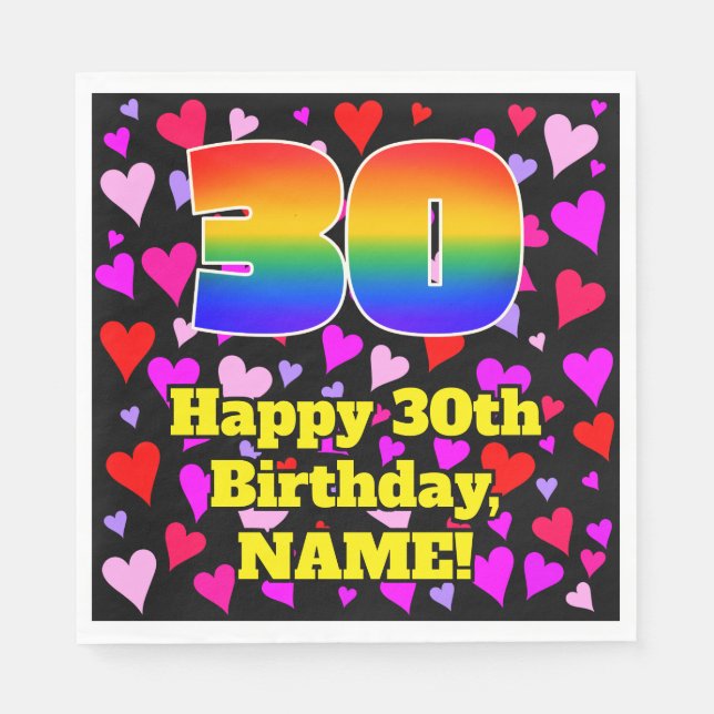 30th Birthday: Loving Hearts Pattern, Rainbow # 30 Napkins (Front)