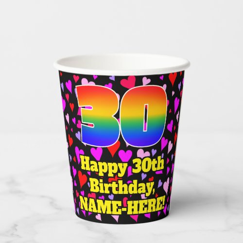 30th Birthday Loving Hearts Pattern Rainbow 30 Paper Cups