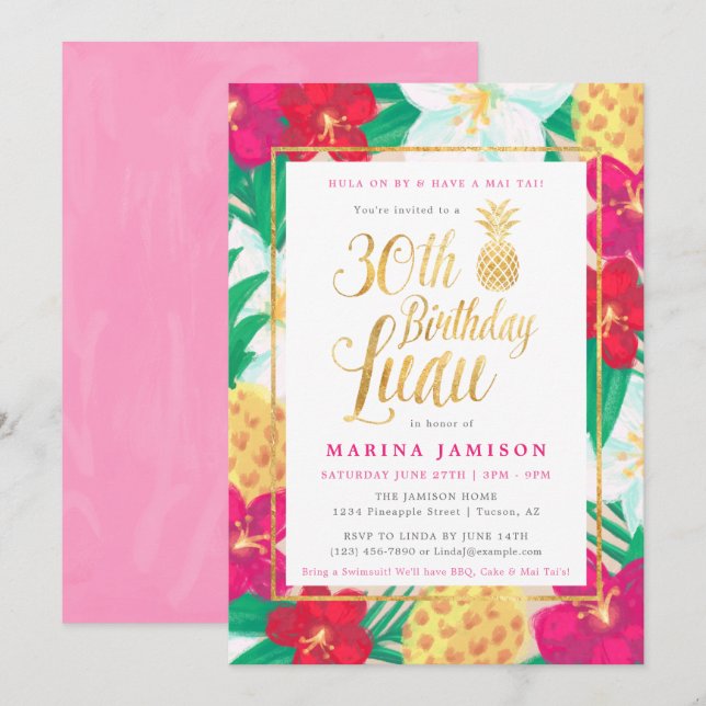 30th Birthday Luau Invitations | Pink & Gold (Front/Back)