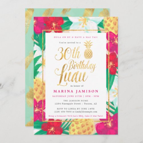 30th Birthday Luau Invitations  Pink  Gold