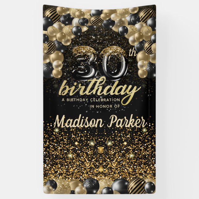 30th Birthday Luxury Personalized Black Gold Banner (Vertical)
