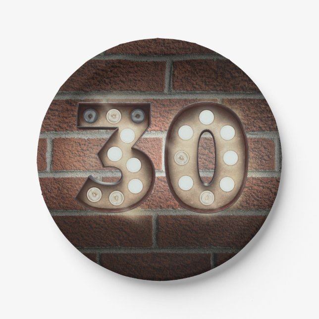30th birthday marquee sign on brick wall paper plates (Front)