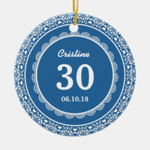 30th Birthday Memento Blue with Lace D02 Ceramic Ornament