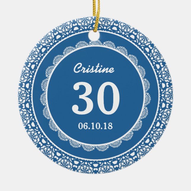 30th Birthday Memento Blue with Lace D02 Ceramic Ornament (Front)