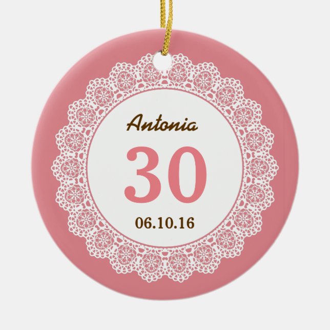 30th Birthday Memento Shell Pink with White Lace 7 Ceramic Ornament (Front)