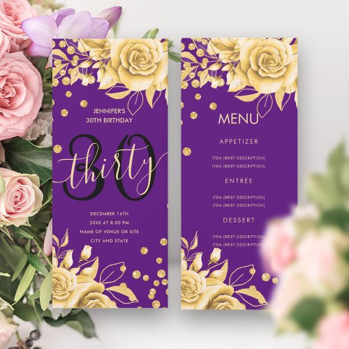 30th Birthday Menu Gold Purple Floral Glitter  Invitation