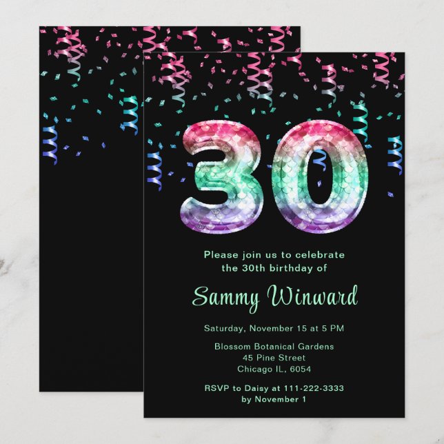 30th Birthday Mermaid Balloons with Confetti Invitation (Front/Back)