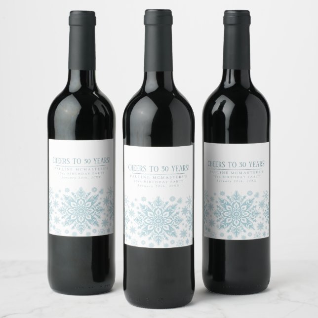 30th Birthday Minimalist Blue Snowflake Custom Wine Label (Bottles)