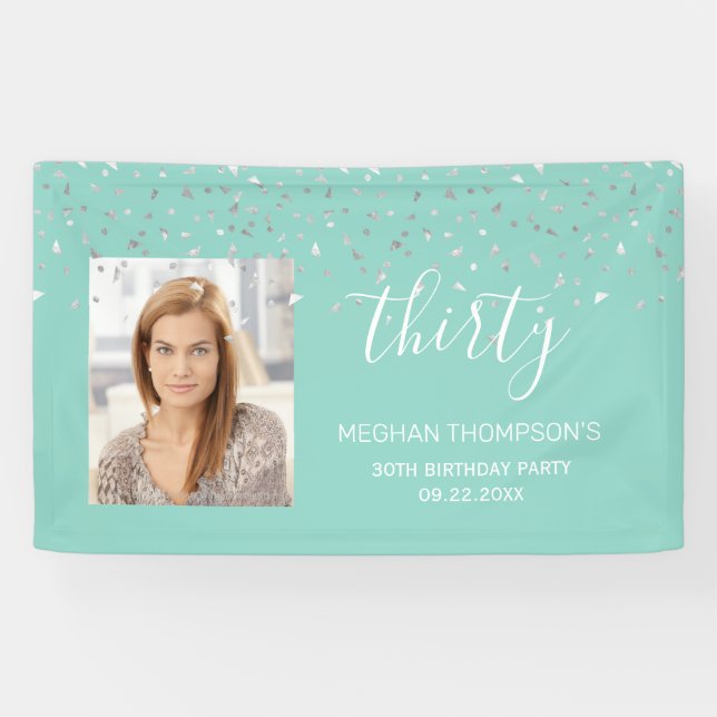 30th Birthday Mint Green Silver Confetti Photo Banner (Horizontal)