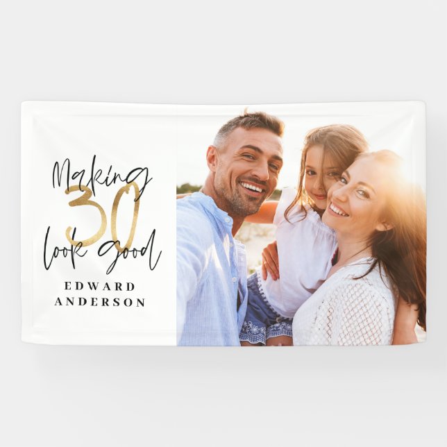 30th birthday modern black and gold photo collage banner (Horizontal)
