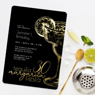 30th Birthday Modern Black Gold Margarita Party Foil Invitation