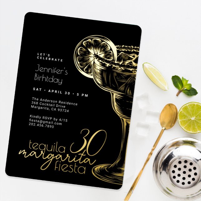 30th Birthday Modern Black Gold Margarita Party Foil Invitation (Creator Uploaded)