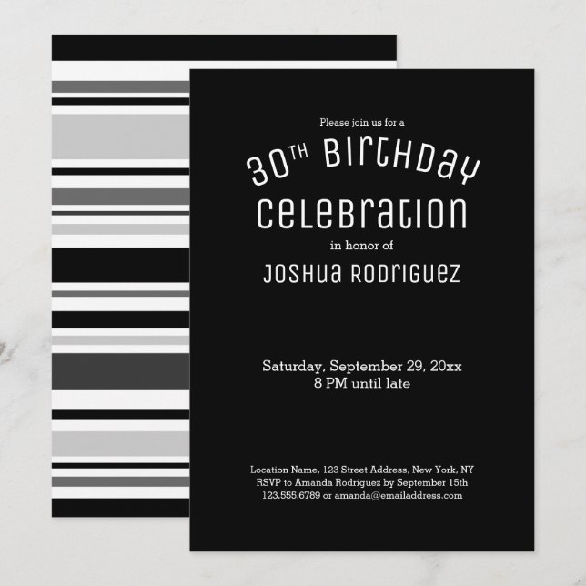 30th Birthday Modern Black White Gray Stripes Invitation (Front/Back)