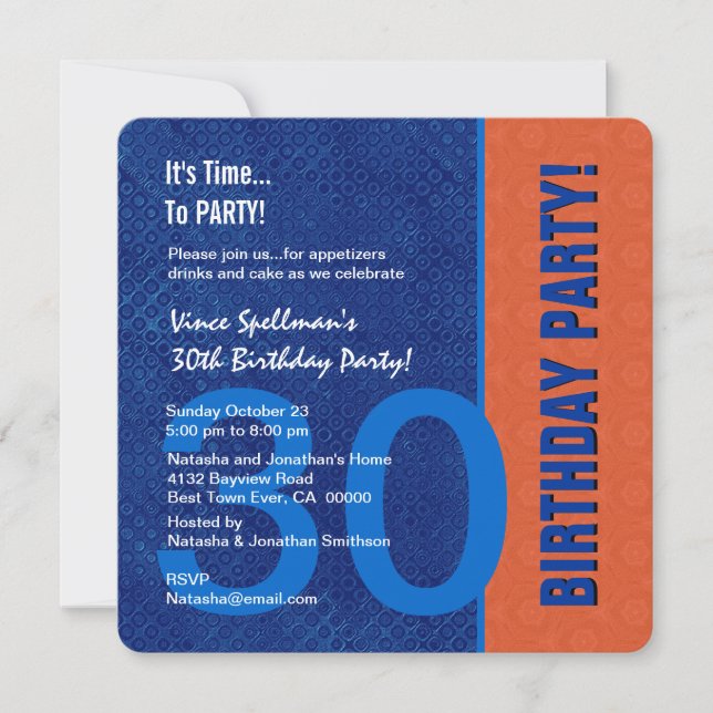 30th Birthday Modern Blue and Orange Invitation (Front)