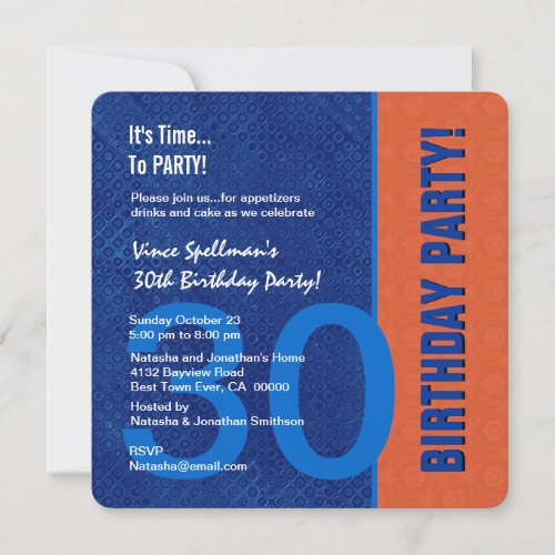 30th Birthday Modern Blue and Orange Personalized Invite