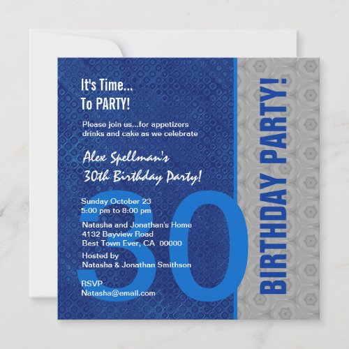 30th Birthday Modern Blue and Silver Custom Invite