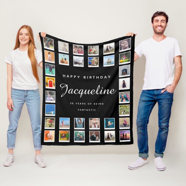30th Birthday Modern Chic Photo Collage Black Fleece Blanket (In Situ)