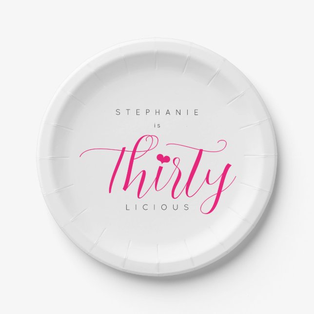 30th Birthday Modern Elegant Thirtylicious Pink Paper Plates (Front)