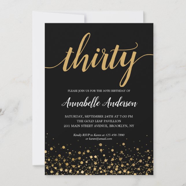 30th Birthday Modern Gold Confetti Script Black Invitation (Front)