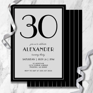 30th Birthday Modern Minimalist Mens Black Gray Invitation