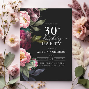 30th Birthday Modern Moody Burgundy Blush Floral Invitation