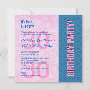 30th Birthday Modern Pink and Blue B330 Invitation