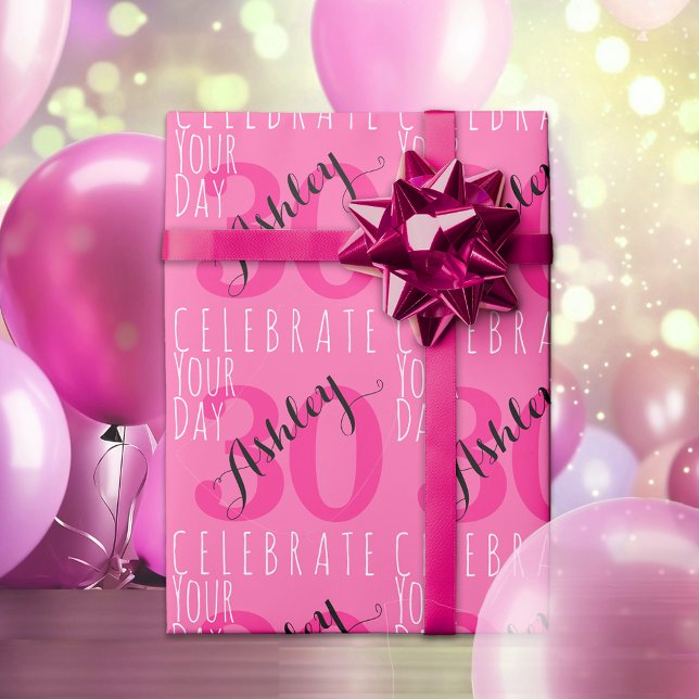 30th Birthday Modern Pink Typography Wrapping Paper (Creator Uploaded)