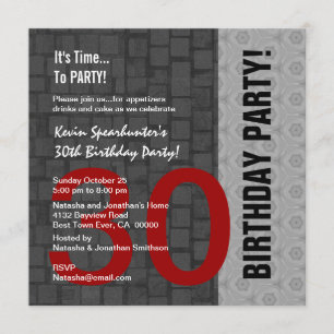 30th Birthday Modern Red Silver Black D418 Invitation