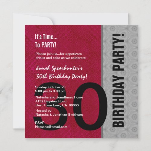 30th Birthday Modern Red Silver Black W1480 Custom Invites