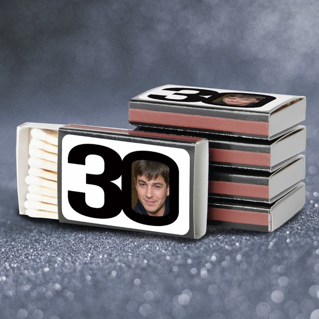 30th birthday monotone photo party favor gift matchboxes (Creator Uploaded)