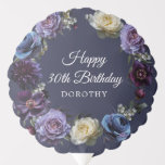 30th Birthday Moody Purple Flower Personalized Balloon<br><div class="desc">Moody and mysterious purple roses and peonies set the tone for this elegant 30th birthday balloon. White and blue flowers add a pop of color to the dark watercolor wreath. Happy 30th Birthday and the birthday celebrant's name are in the center. The bright white script gives it an elegant and...</div>