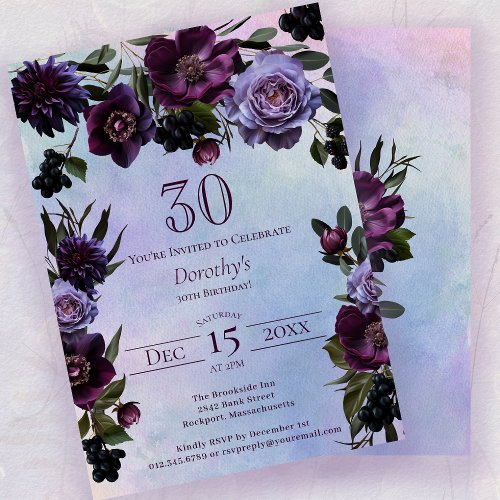 30th Birthday Moody Purple Gothic Flower Invitation