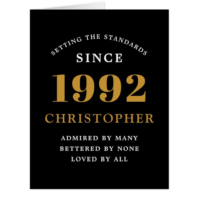 30th Birthday Name 1992 Black Gold Elegant Card (Front)