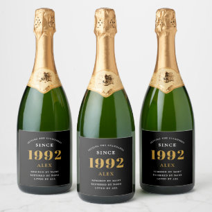 30th Birthday Name 1992 Black Gold Elegant Chic Sparkling Wine Label