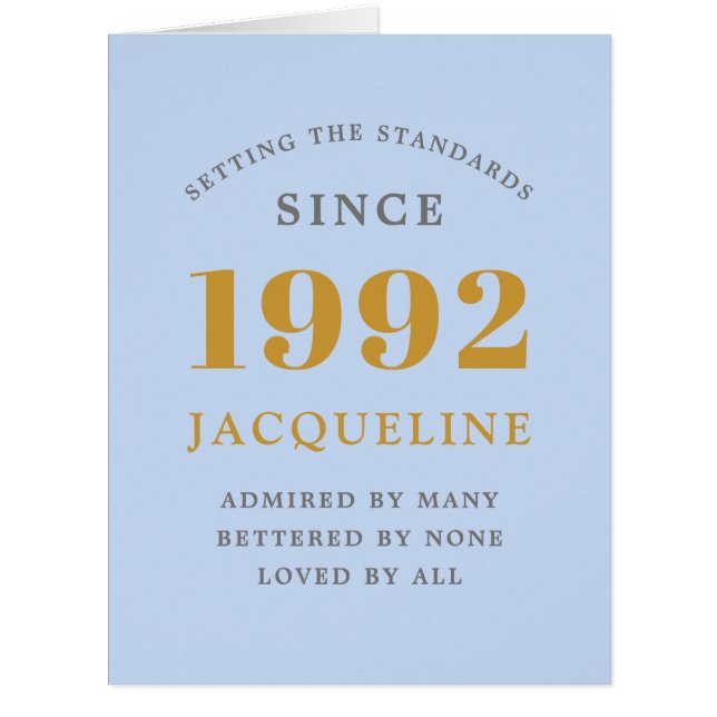 30th Birthday Name 1992 Blue Elegant Chic Card (Front)