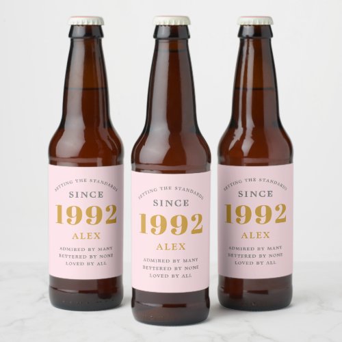 30th Birthday Name 1992 Pink Grey Elegant Chic Beer Bottle Label