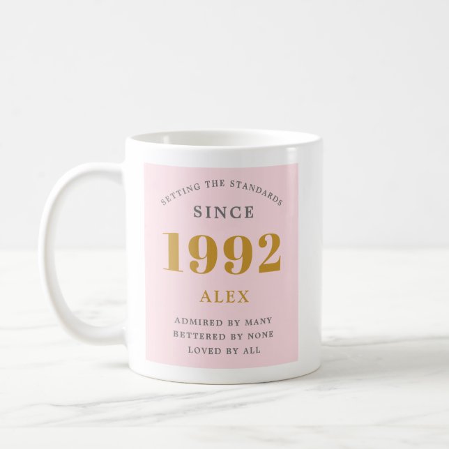 30th Birthday Name 1992 Pink Grey Elegant Chic Coffee Mug (Left)