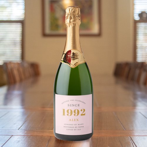 30th Birthday Name 1992 Pink Grey Elegant Chic Sparkling Wine Label