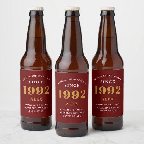30th Birthday Name 1992 Red Gold Elegant Chic Beer Bottle Label